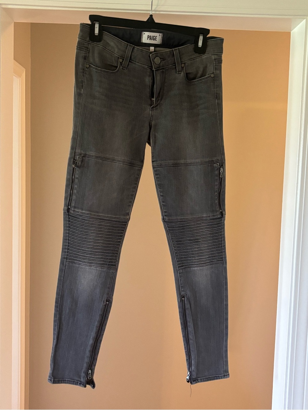 PAIGE Women's Charcoal Moto Skinny Jeans with Ribbed Knees